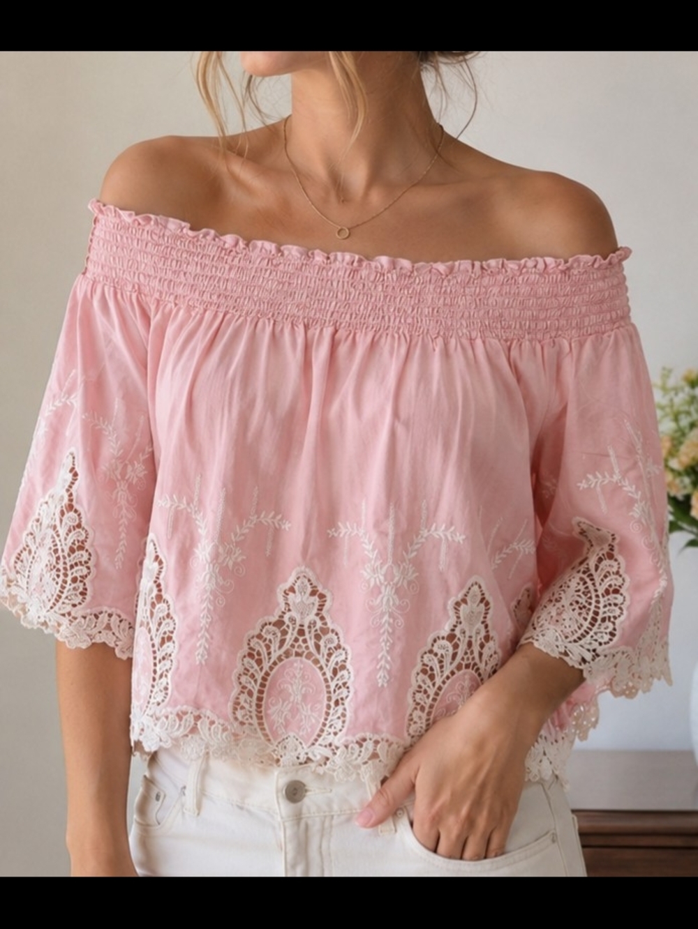 Bleuh Ciel Pink Off Shoulder Embroidered Lace Boho Peasant Top Sz M 100% Cottton